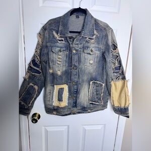 Distressed Denim Jacket with Patchwork